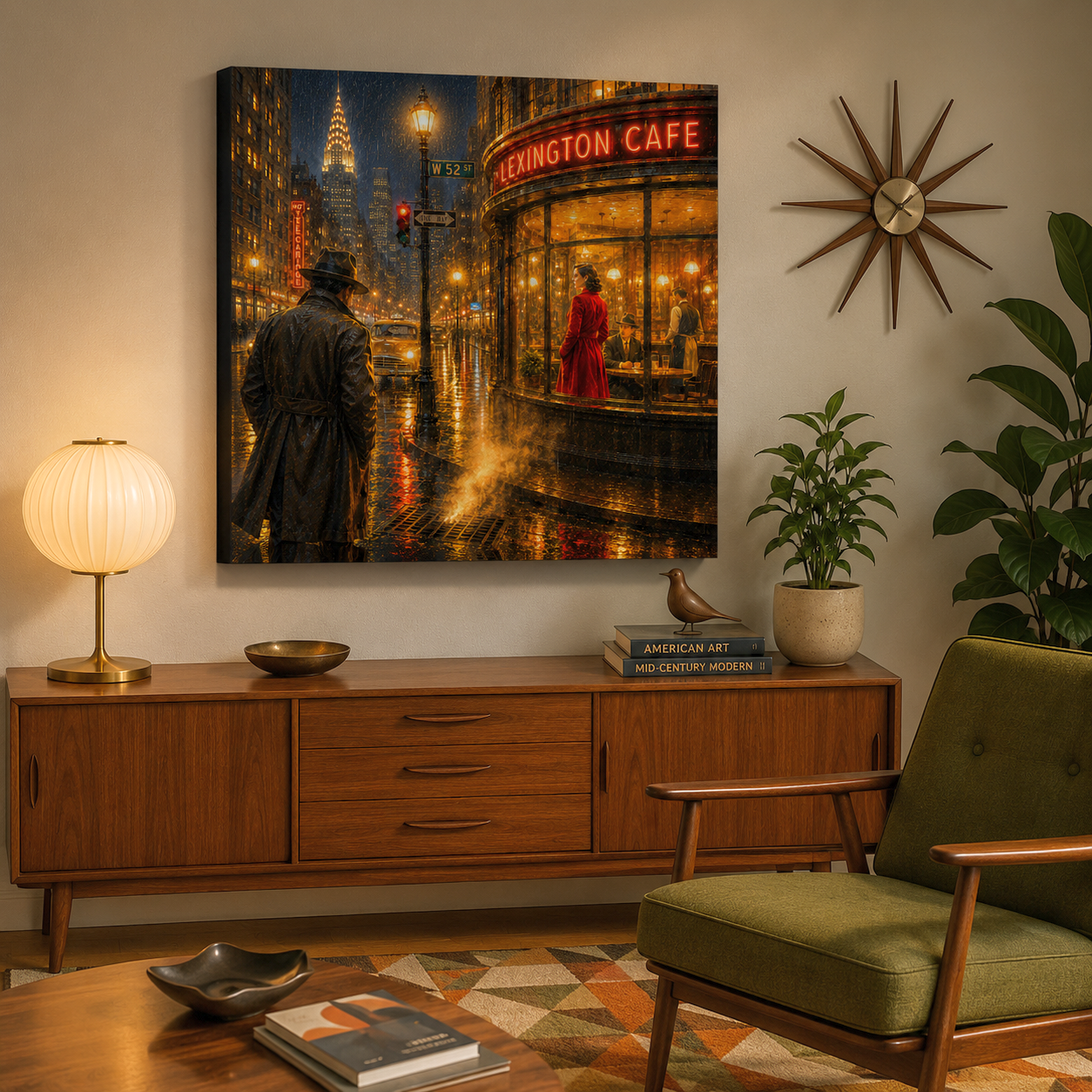 Living room with a painting of a city street scene, wooden sideboard, and green armchair.