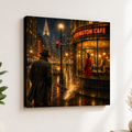 Canvas print of a Film Noir city street scene with a man in a trench coat and a woman in a red coat outside a cafe.