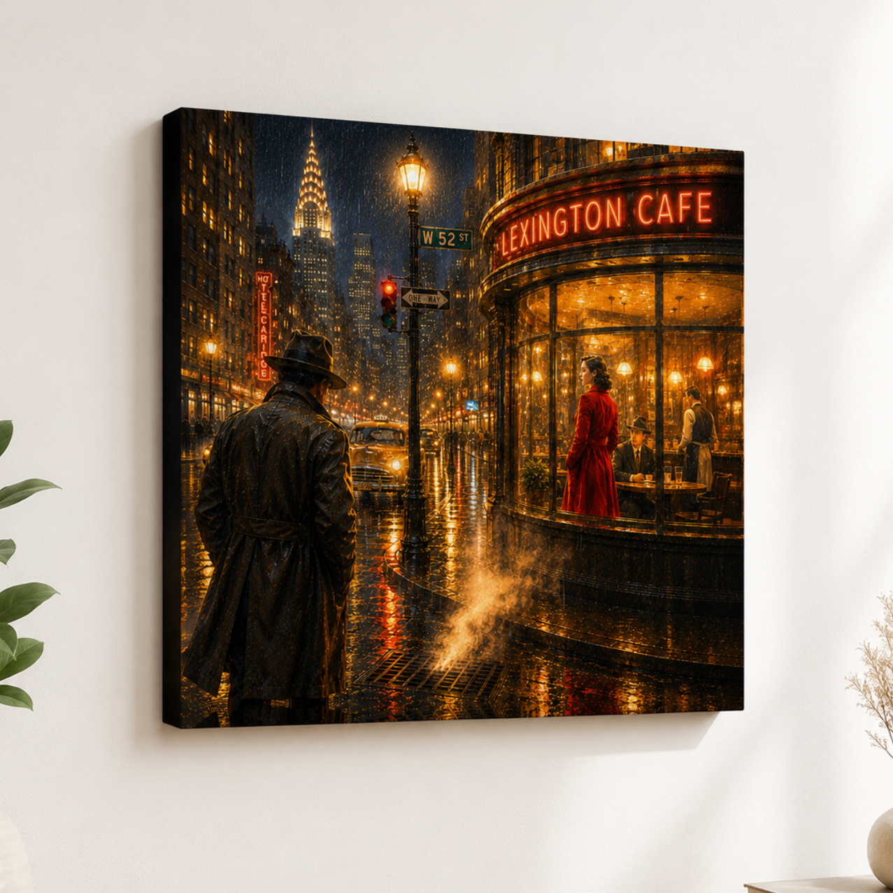 Canvas print of a Film Noir city street scene with a man in a trench coat and a woman in a red coat outside a cafe.