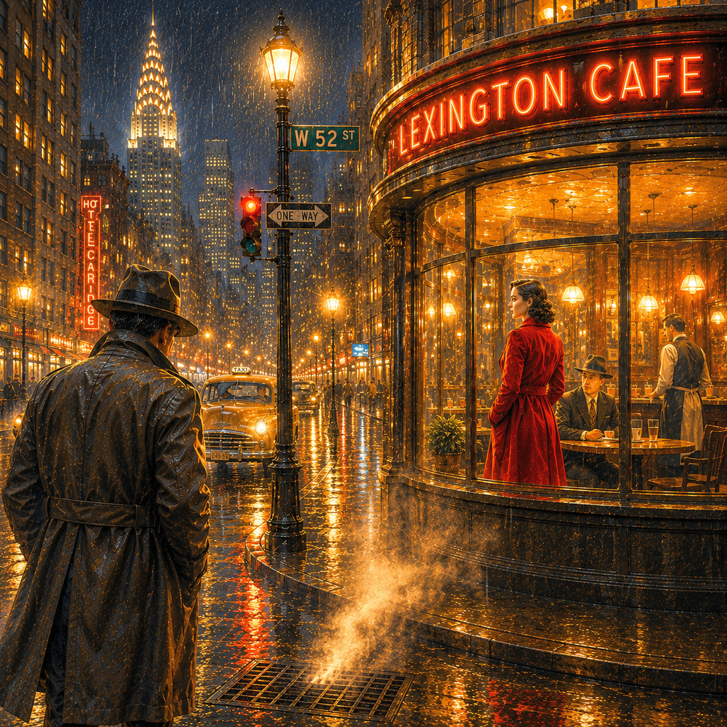 Vintage city street scene with a person in a raincoat looking into a café named 'Lexington Cafe'.