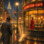 Vintage city street scene with a person in a raincoat looking into a café named 'Lexington Cafe'.