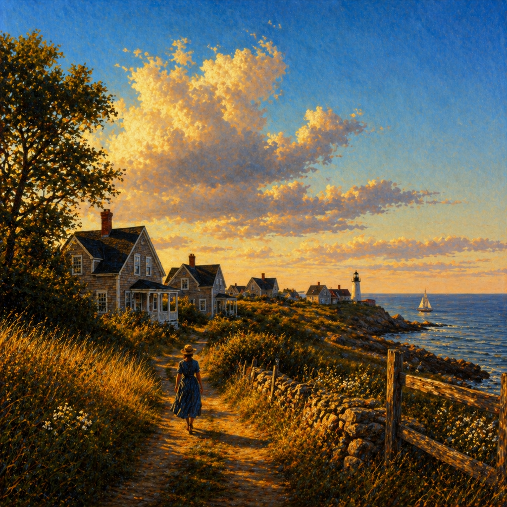 Woman walking along a path by a coastal village at sunset.