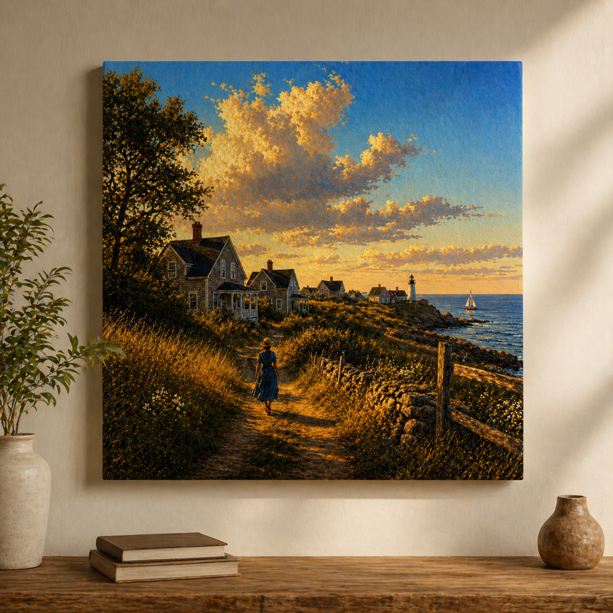 Painting of a coastal scene with houses and a lighthouse, displayed on a wall above a wooden shelf.