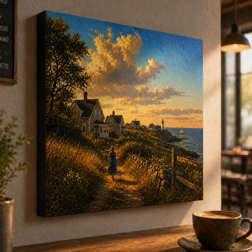 Canvas print of a coastal scene with houses and a lighthouse, hanging on a wall in a room with a cup and saucer on a table.