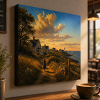 Canvas print of a coastal scene with houses and a lighthouse, hanging on a wall in a room with a cup and saucer on a table.