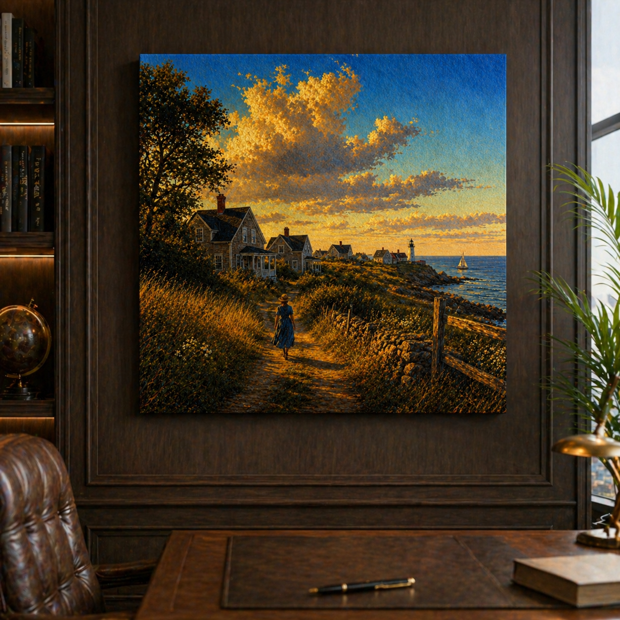 Framed painting of a coastal scene with houses and a person walking along a path, displayed on a wall above a desk.