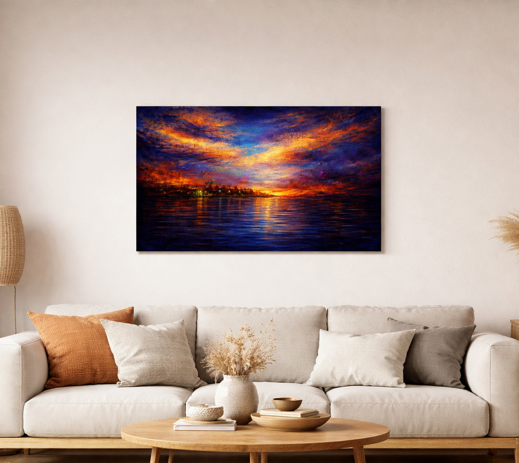 Colorful sunset over water painting on a wall above a sofa in a living room.