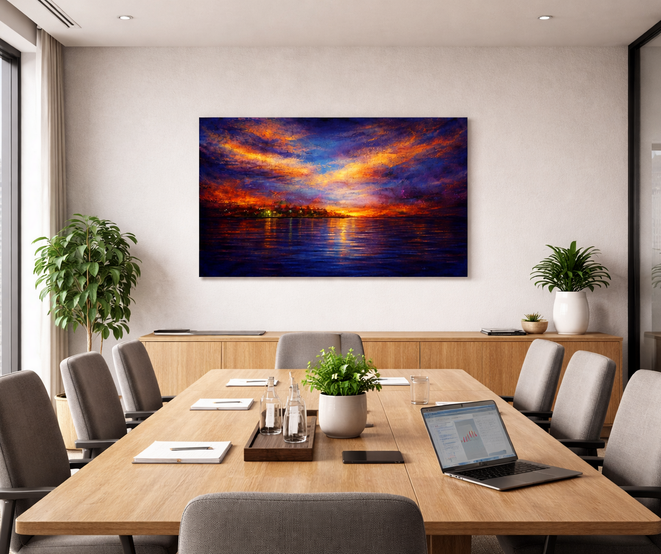 Modern conference room with a large wall-mounted painting of a sunset over water.
