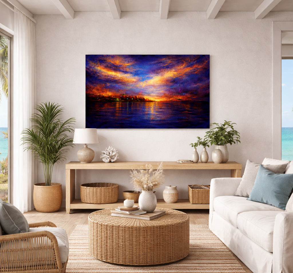 Living room with a large TV displaying a sunset scene, white walls, and decorative elements.