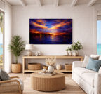 Living room with a large TV displaying a sunset scene, white walls, and decorative elements.