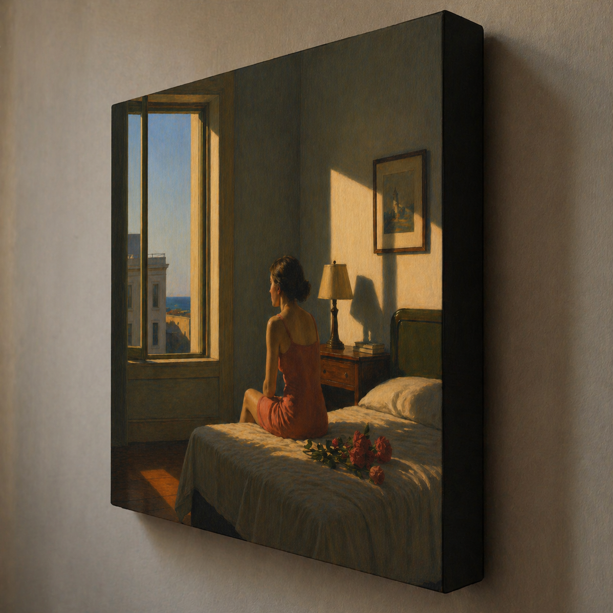 Matte Stretched Canvas Print : Woman in Sunlit Room Art