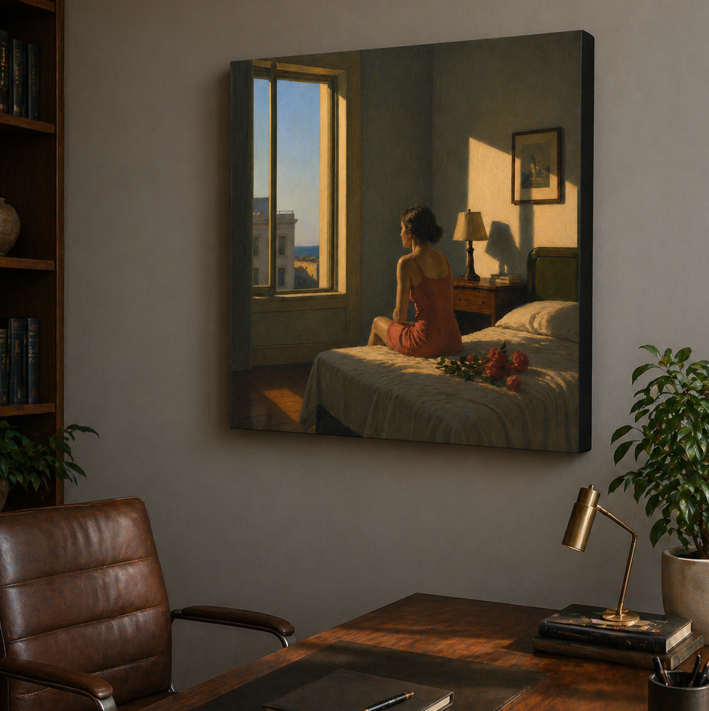 Matte Stretched Canvas Print : Woman in Sunlit Room Art