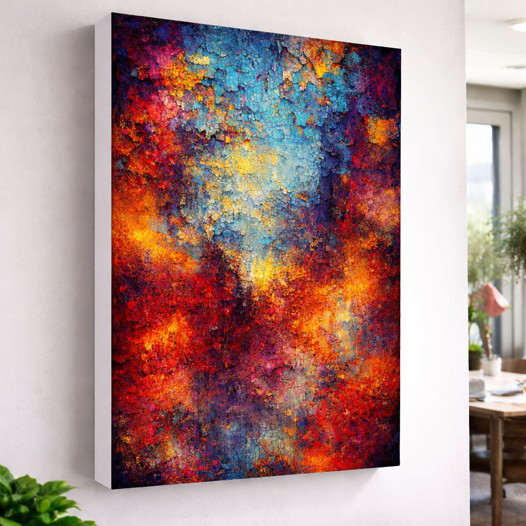 Colorful abstract painting on a wall in a room with a desk and plants.